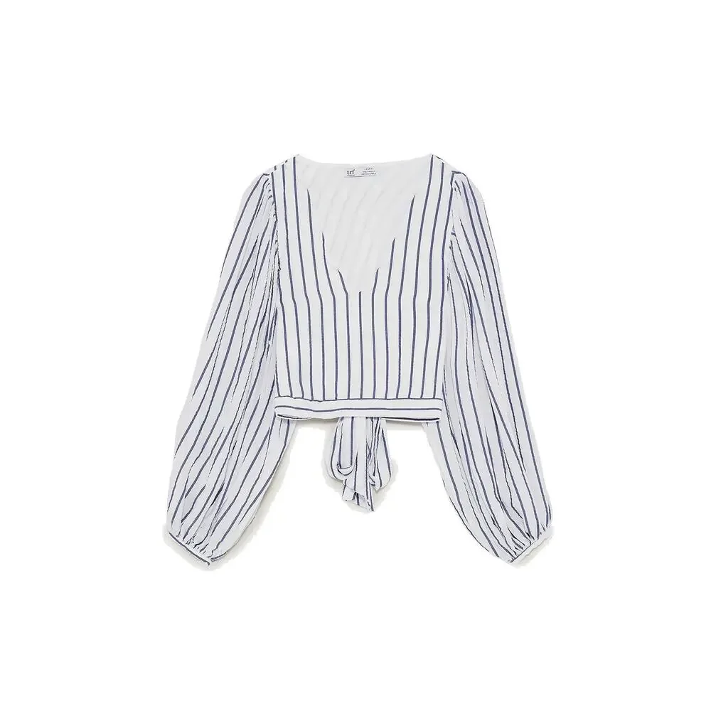Zara White Striped Seersucker Balloon Sleeve Crop Top Size S White/Blue